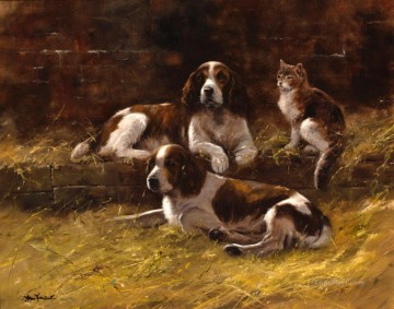 Cat Painting - Springer Spaniels and a cat